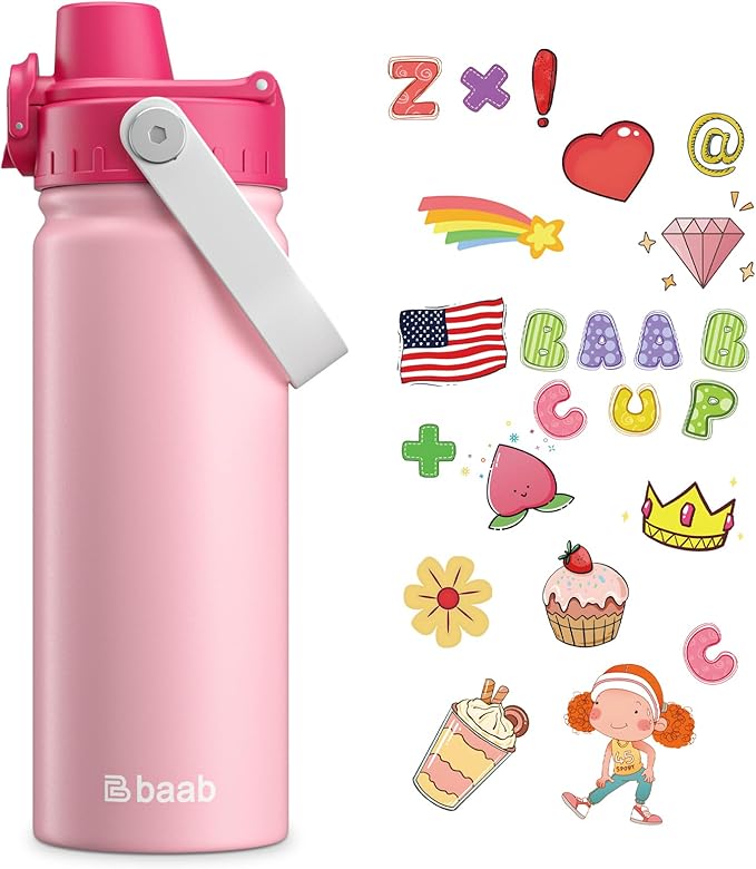 baab 18oz Kids Water Bottle, Insulated Kids Water Bottle with Lockable Spout Lid & Stickers, 18/8 Stainless Steel Vacuum Leakproof Kid Water Cup with Handle for Boy Girl & School (Rose Pink, 1 Pack)