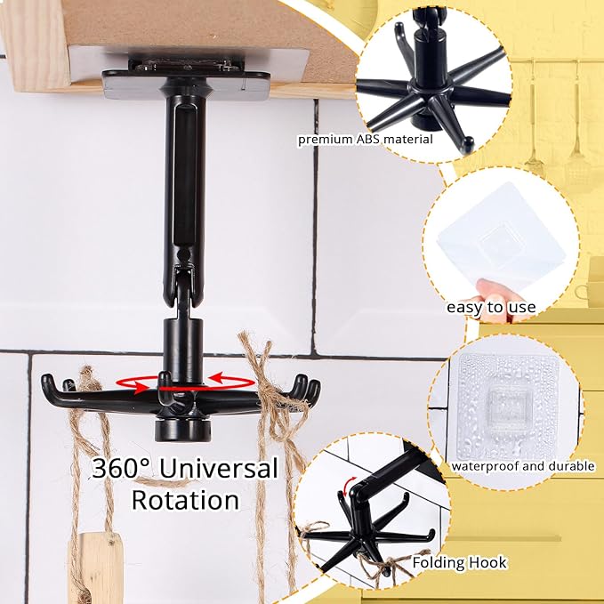 4 Pieces 360 Rotating Folding Hook Multi-purpose Hanging Utensil Holder Hook 180 Degrees Vertical Flip Self-Adhesive Hook Utensil Rack with 6 Hooks for Kitchen Bathroom Cabinet Towel (Black, White)