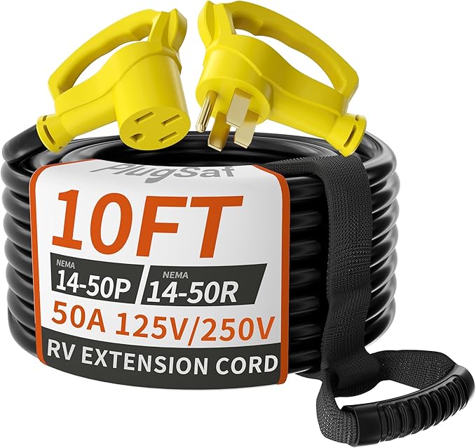 PlugSaf NEMA 14-50P/14-50R 10 FT 50 Amp RV/EV Extension Cord Outdoor with Grip Handle, 4 Prong Flexible Heavy Duty STW RV Power Cord Waterproof, 50A 125/250V 6250/12500W, Black-Yellow, ETL Listed