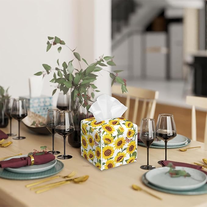 Tissue Box Cover Square,Sunflowers and Butterfly Tissue Box Holder Waterproof Leather Facial Paper Case Modern Home Decoration for Bedroom Dresser Night Stand Office Desk