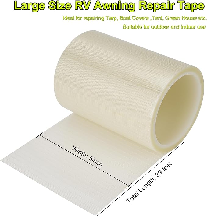Eonion RV Awning Repair Tape for Tent, Canvas, Underbelly, Tarp, Sail Tape, Boat Covers Repair Tape, 5IN x 39FT Tear Repair Patch Kit, Waterproof and Extreme Weather Proof