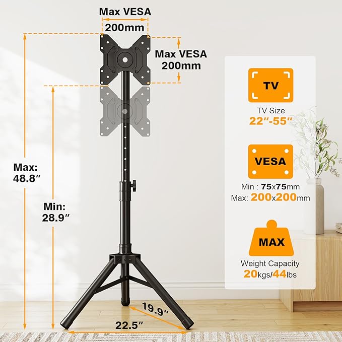 Tripod TV Stand for 23-75 inch Flat Screen/Curved TVs up to 100 lbs (22-50 Inch)
