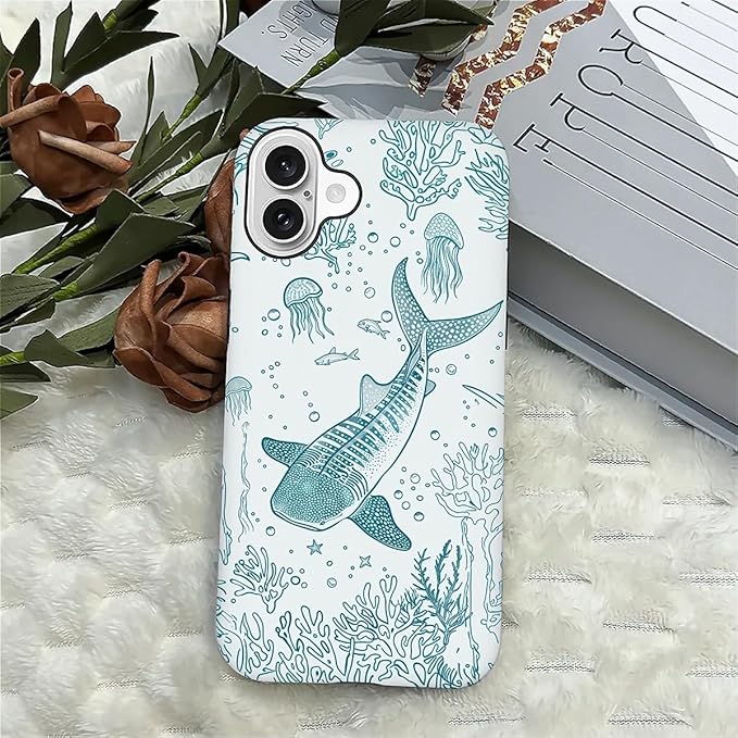 for iPhone 16 Case,HH2 Ocean Whale Shark Hybrid 2 Layer Hard Shell Silicone Protective Pattern Design Case
