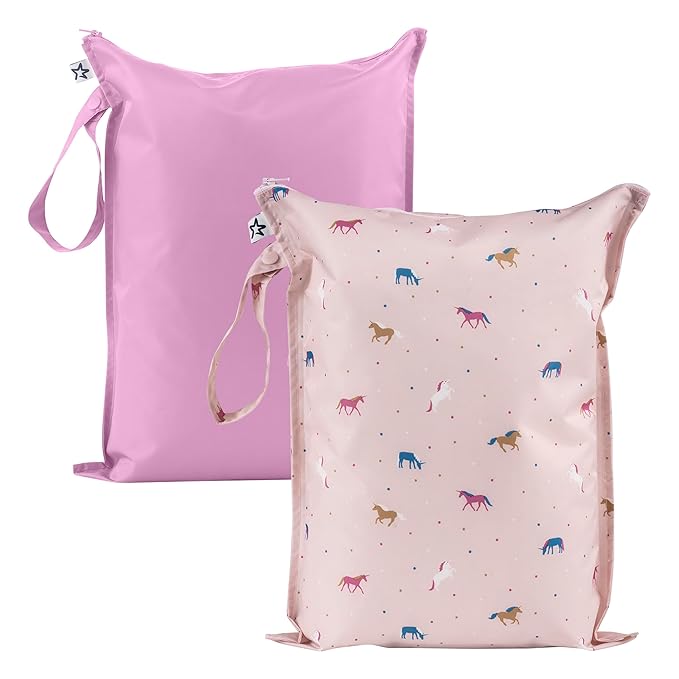 Tiny Twinkle Mess Proof Wet Bags | 2-Pack Reusable Waterproof Wet Bags for Swimsuits | Baby Clothes | Travel & Diaper Bag (Unicorn)