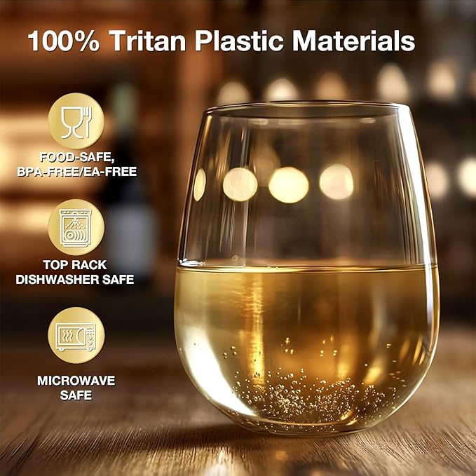 6 Pack Unbreakable Tritan Plastic Wine Glasses, 16 oz Reusable Stemless Wine Glass, BPA Free Tumblers, Drinking Glassware, Perfect for Indoor & Outdoor, Poolside, Party, Camping, Shatterproof 100%﻿