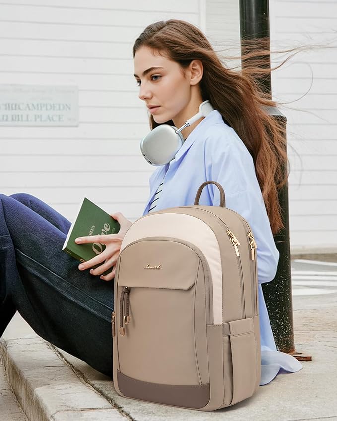 LOVEVOOK Laptop Backpack for Women, 15.6 inch Waterproof College Backpack Woman with Laptop Compartment Computer Bag Travel Backpack Purse, Large Black Computer Daypack for Work Casual, Beige Khaki