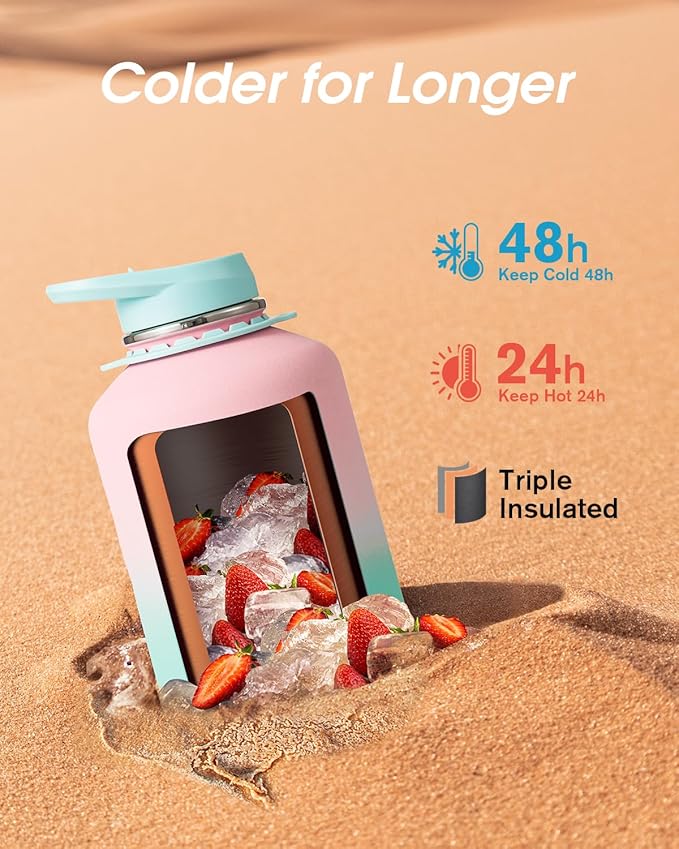 Coolflask Half Gallon Water Bottle with Strap, 64oz Insulated Water Jug Stainless Steel with Straw & Spout Lids, Metal Large Water Flask, Keep Cold 48h Hot 24h, Leak Proof, Non-BPA, Bubblegum Princess