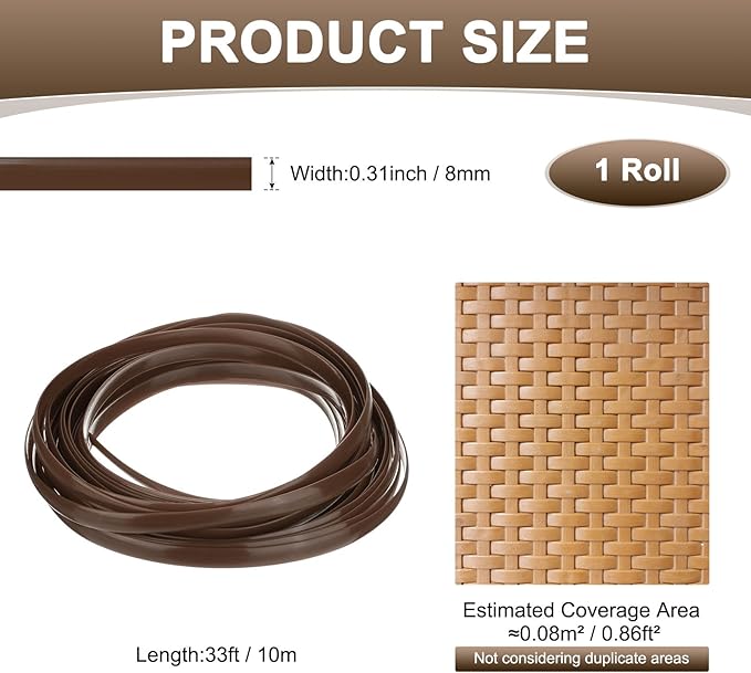 M METERXITY 1-Pack Wicker Repair Kit, 8mm x 33ft/10m Plastic Flat Rattan Replacement Supplies for Patio Furniture Repair/Basket Making/Chair Weaving, Synthetic Woven Rattan [Brown]