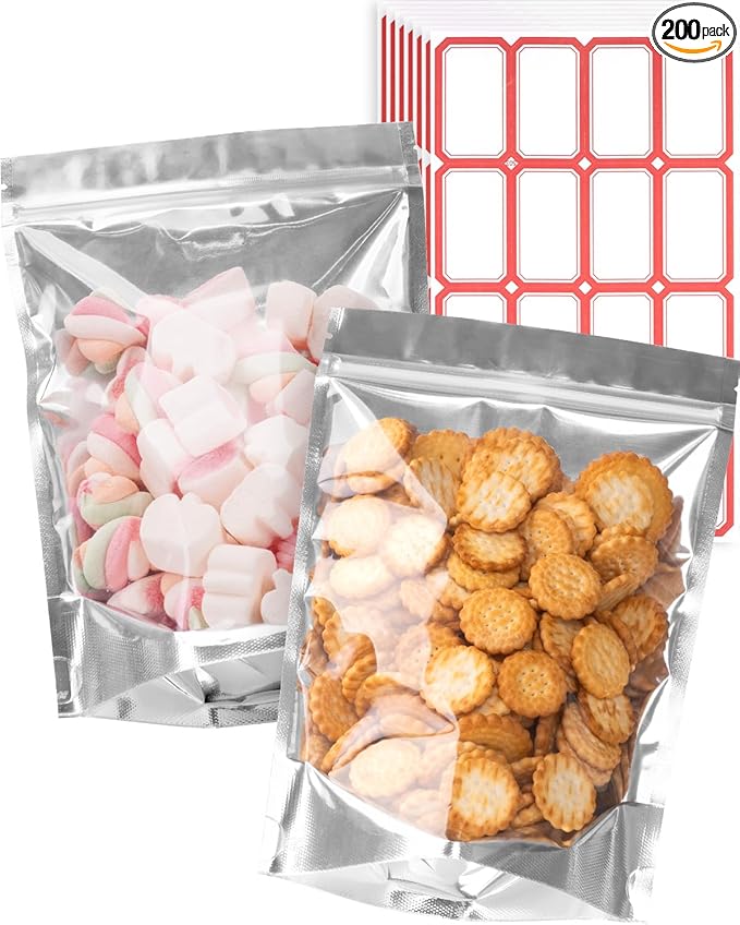 Gwybkq 6x9 Inch Stand-Up Mylar Bags (200pcs) - Resealable Smell-Proof Food Storage with Clear Window, for Snacks/Candy/Coffee Beans, Small Business & Gifting