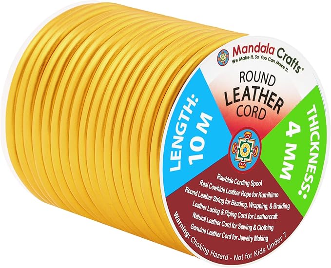 Mandala Crafts Round Genuine Gold Leather Cord for Jewelry Making – 4mm Cowhide Leather Rope String Lace for Kumihimo – 11 Yards Cowhide Craft Cording Spool