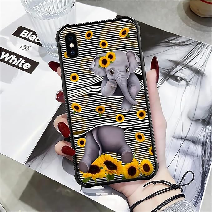 for iPhone Xs Max Case, Cute Little Elephant Sunflower White Line Art Pattern Graphic Design Girl Boy Soft Silicone Hard Acrylic Shock Protection for iPhone Xs Max