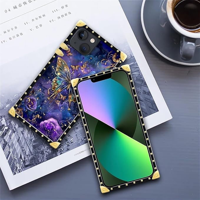 Compatible with iPhone 13 Case, Glistening Golden Butterfly Vibrant Purple Blue Luxury Golden Decoration for Girl Women Soft TPU Shockproof Protective Hard PC Back for iPhone 13