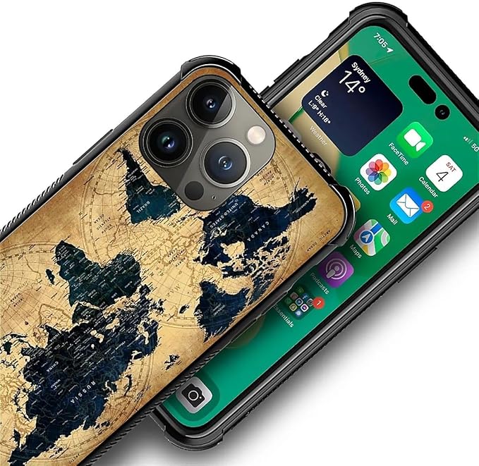 for iPhone 14 Pro Max Case, Brown World Map Pattern Graphic Design Girl Boy Soft Silicone Hard Acrylic Shock Protection for iPhone 14 Pro Max