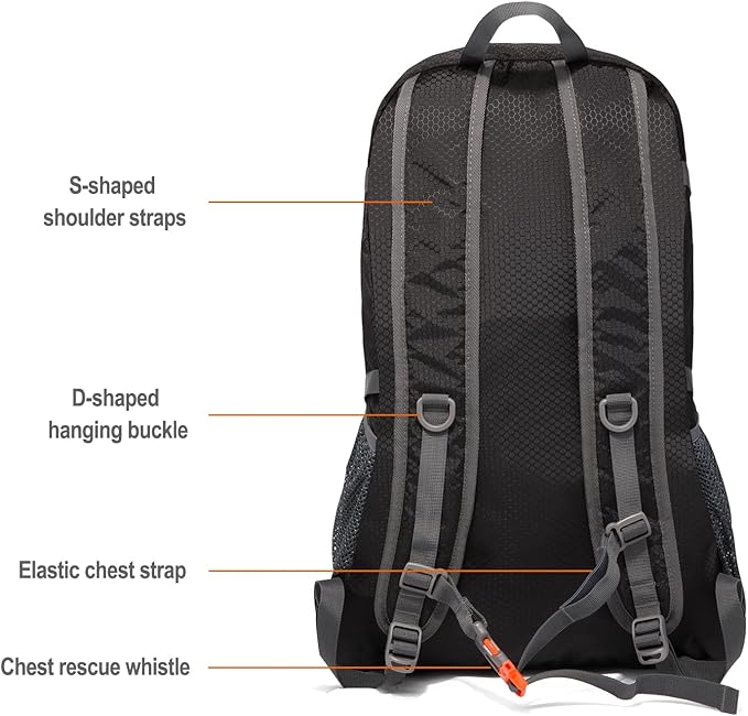Packable Lightweight Backpack 40L, Ripstop Nylon Foldable Traveling Daypack, Collapsible Hiking Backpack For Outdoor(Black)