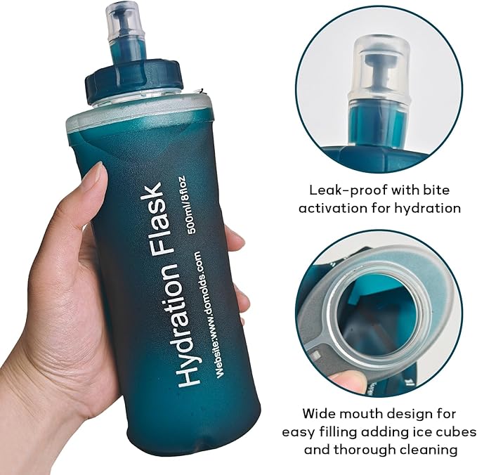 Soft Flask 500ML, TPU Collapsible Soft Water Bottle for Hydration Pack, Running Vest, Folding Water Bottle for Hiking, Cycling Hydration Flask - Slate Blue
