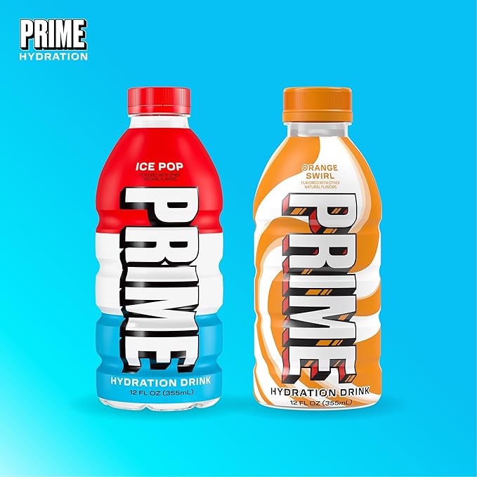 PRIME Hydration Ice Pop & Orange Swirl Sports Drinks with Coconut Water, Electrolyte Enhanced to Replenish Fluids, Zero Added Sugar, B Vitamins, Antioxidants, Natural Flavors, 12 Fl Oz 24 Pack