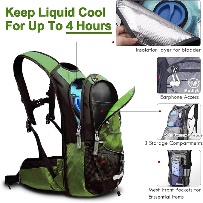 Mothybot Insulated Hydration Backpack Pack with 3L BPA Free Leak Proof Water Bladder, Large Storage Lightweight Hiking Daypack with Waist Pouches & Cooler Layer, for Running, Biking, Camping, Festival