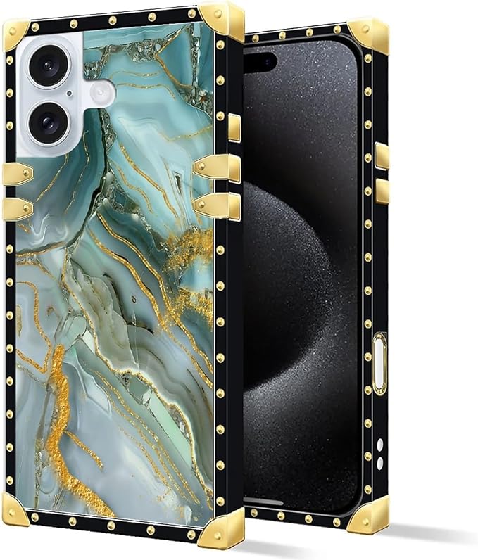 Compatible with iPhone 16 Case, Golden Texture Marble Veining Luxury Golden Decoration for Girl Women Soft TPU Shockproof Protective Hard PC Back for iPhone 16