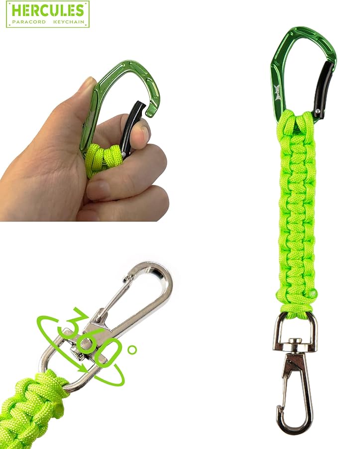 HERCULES Paracord Keychain Set – 2 Pack Lanyard Rope with Aluminum Clip, Durable Paracord Wrist Strap for Outdoor Activities, Neon Green