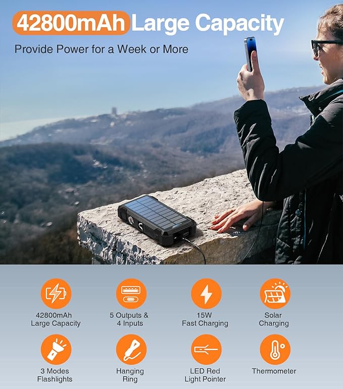 Sudrov Solar Charger Power Bank, 42800mAh Wireless Portable Charger with USB-C in/Output, QC3.0 Fast Charging 15W 4 Ports Outdoor Battery Pack Built-in LED Flashlight, for iPhone, Galaxy, iPad etc