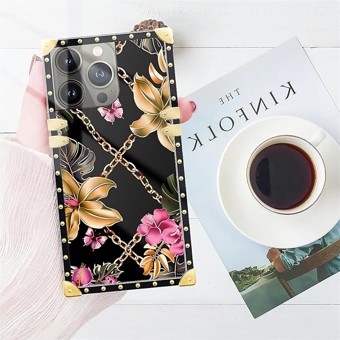Compatible with iPhone 14 Pro Case, Pink Golden Chain Tropical Flower Luxury Golden Decoration for Girl Women Soft TPU Shockproof Protective Hard PC Back for iPhone 14 Pro
