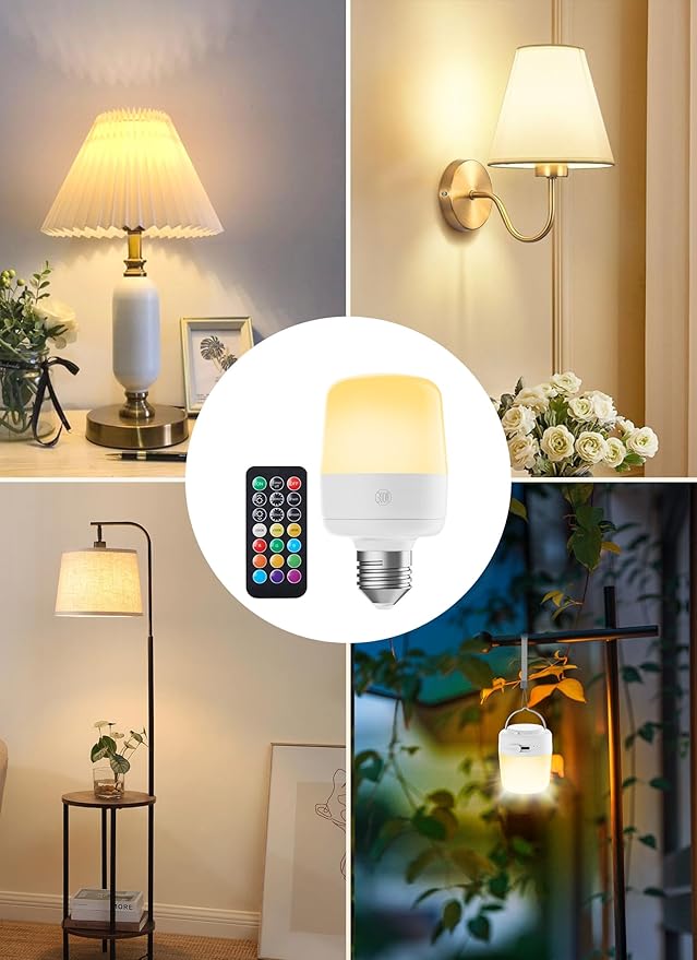 Minetom E26 Rechargeable Light Bulbs with Remote and Timer, Battery Backup Bulb with 12 Colors and Brightness Dimmable, 2300mAh 40W Equivalent LED Light Bulbs for Lamps Sconces Camping, 2 Pack