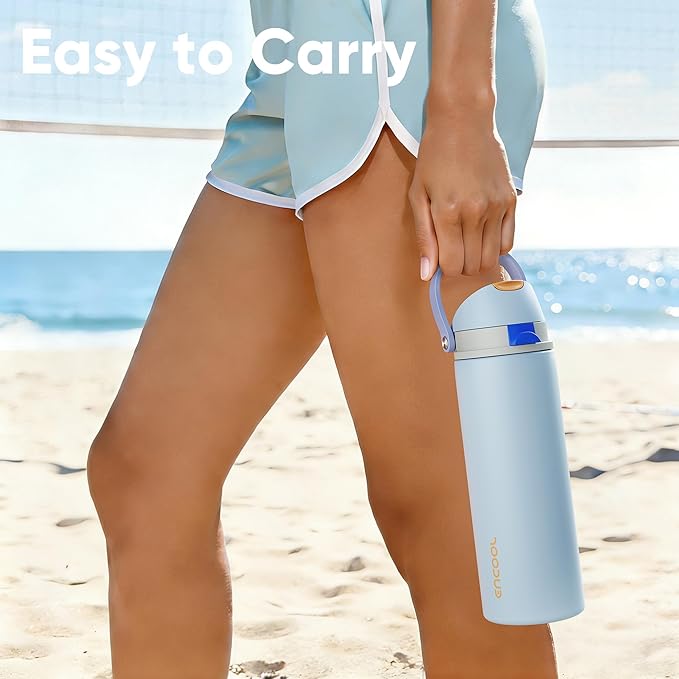 ENCOOL Insulated Water Bottle with Straw Stainless Steel Water Bottle with Push Button Lid, Leak-Proof & BPA-Free, Keeps Cold for 24 Hours for Sports, Travel, Gym (24 oz, Hazy Blue-Blue)