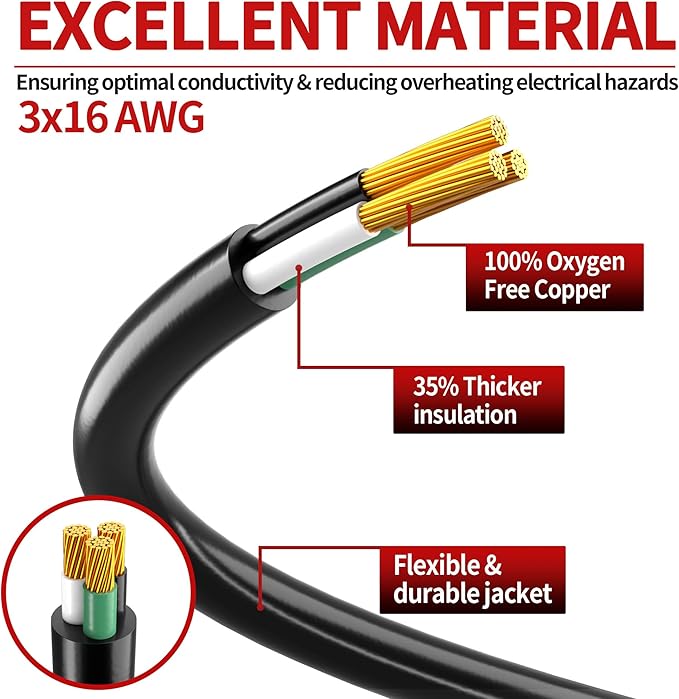 Skrizcable 16/3 50 FT Outdoor Extension Cord Waterproof, Weatherproof & Flame Retardant Black 3 Prong Power Cord Outside for Lawn & Garden, 13 Amps 1625 Watts 125 VAC 16AWG SJTW, ETL Listed