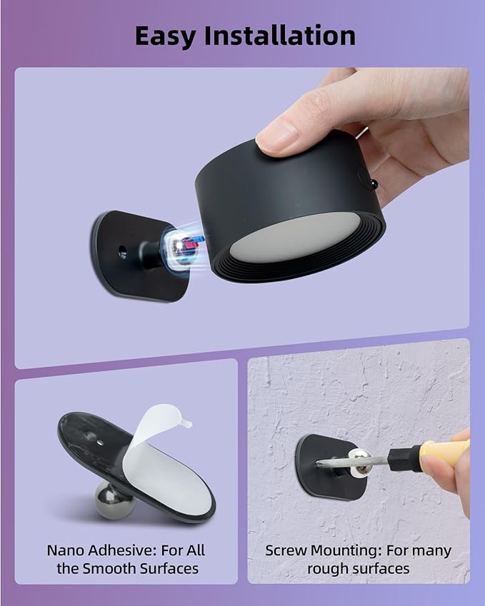Wall Mounted Lights, 2 Pack Rechargeable RGB Color Changing Light, 3 Color Temps & Remote and Touch, 360° Rotation Dimmable Cordless for Study Bedroom Reading Bedside (Black)