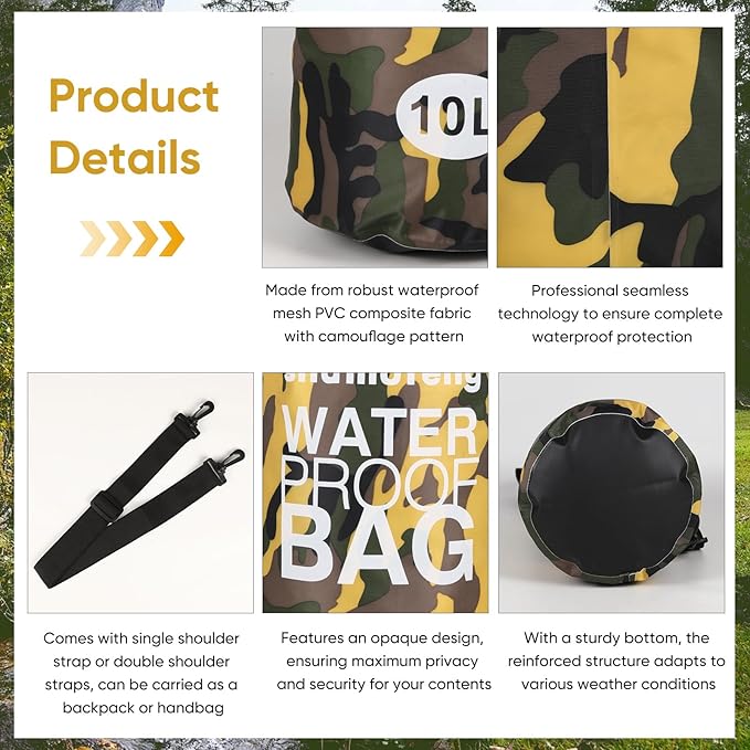 Waterproof Dry Bag 5L/10L/15L/20L/30L Roll Top Dry Storage Backpack with Phone Case, Collapsible Water Bottle, Sunglasses, Ear Band for Kayaking Boating Swimming Fishing Camping, Yellow 10L