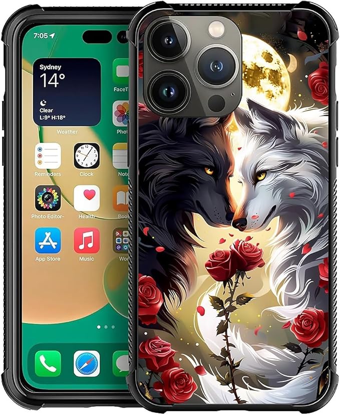 for iPhone 14 Pro Case, Black White Wolf Moon Flower Rose Pattern Graphic Design Girl Boy Soft Silicone Hard Acrylic Shock Protection for iPhone 14 Pro