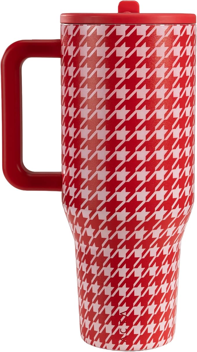HydroJug Traveler - 40 oz Water Bottle with Handle & Flip Straw - Fits in Cup Holder, Leak Resistant Tumbler-Reusable Insulated Stainless Steel & Rubber Base - Gifts for Women & Men, Halle Houndstooth