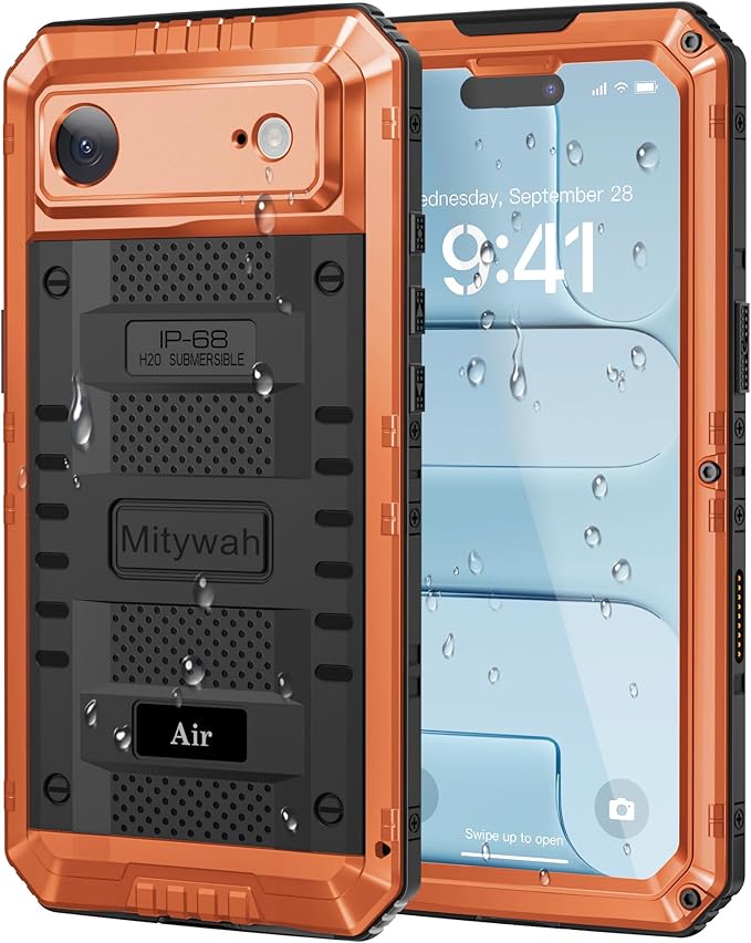 Mitywah Waterproof Case for iPhone Air, Military Grade Rugged Metal Case with Built-in Screen Protector, Heavy Duty Full Body Shockproof Protective Cover for 17 Air 6.5 inch, Orange