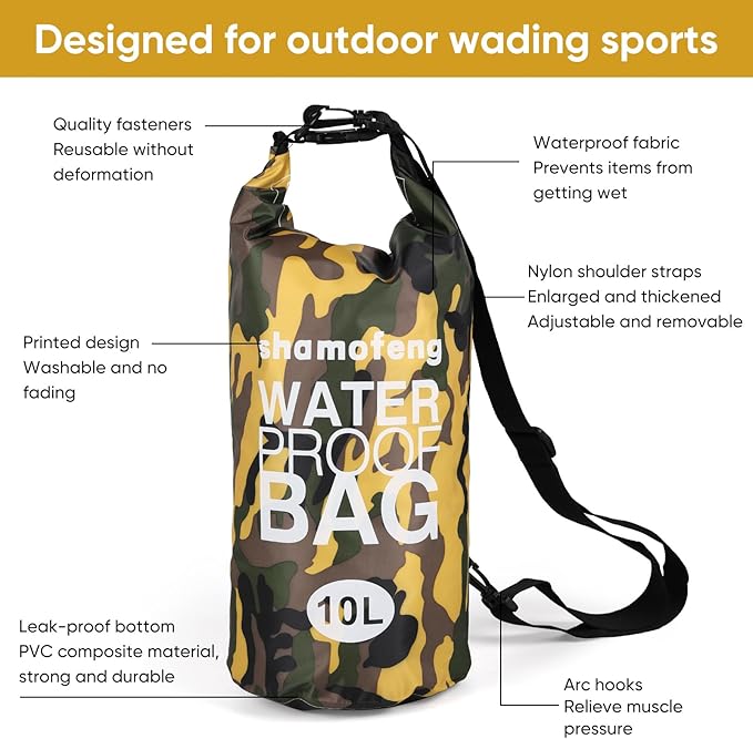 Waterproof Dry Bag 5L/10L/15L/20L/30L Roll Top Dry Storage Backpack with Phone Case, Collapsible Water Bottle, Sunglasses, Ear Band for Kayaking Boating Swimming Fishing Camping, Yellow 10L