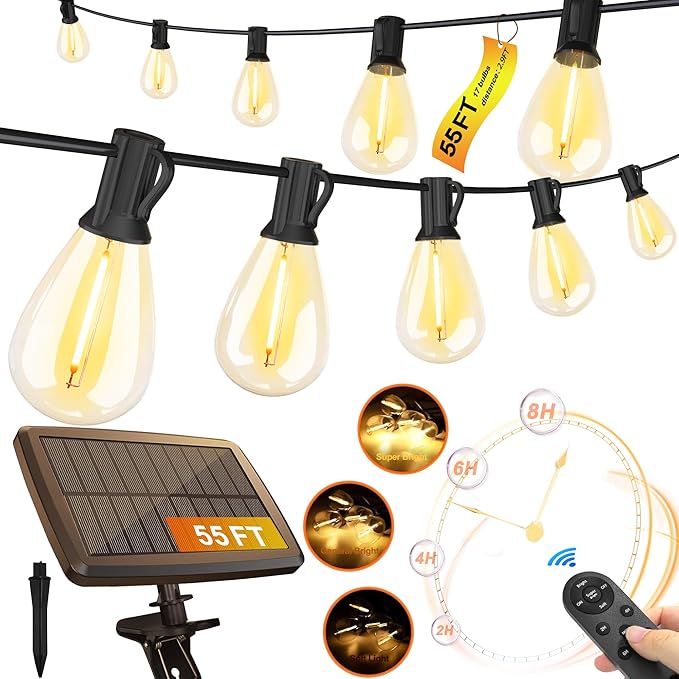 Stright 55FT Solar String Lights Outside Remote Control with USB Charging Port E12 S14 Bulbs, 55 Feet 17 Sockets Outdoor Lights Dimmable Solar Power LED Bulbs for Patio Garden Market Bistro Backyard