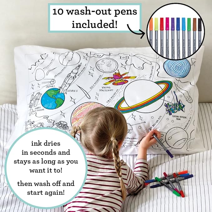 eatsleepdoodle - Coloring Pillowcase for Kids – Reusable DIY Pillow Cover with Washable Markers, Educational Arts & Crafts Activity for Boys & Girls, Fun Gift for Creative Play, Machine Washable