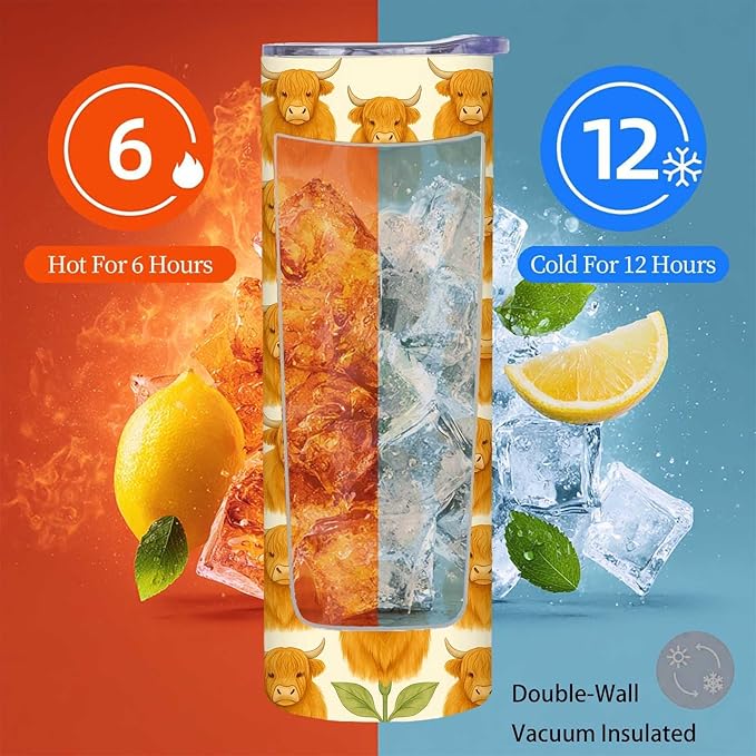 Firmiso 20 oz Tumbler｜Skinny Insulated Travel Mug｜Highland Cow Sunflower Stainless Steel Cup with Lid and Telescopic Straw｜Cute Farmhouse Floral Drinkware｜Gift Idea for Women Men
