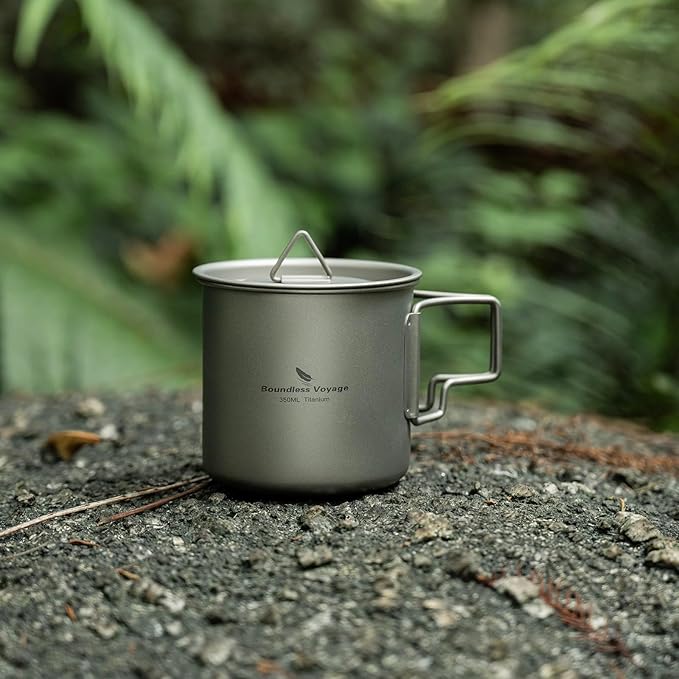 iBasingo 350ml Titanium Cup with Lid Foldable Handle Single-walled Camping Mug Lightweight Portable for Outdoor Drinking Drinkware US-Ti3058D