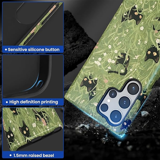 for Samsung Galaxy S24 Ultra Case,HL2 Grass Cat Hybrid 2 Layer Hard Shell Silicone Protective Pattern Design Case