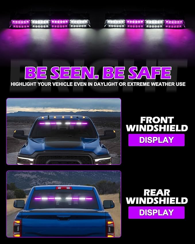 HLauto 604N Emergency Dash Strobe Lights: 2x16.8 inch Purple White Security Light w/Take Down, 48 LED Safety Flashing Warning Hazard Interior Windshield Light Bar for Truck Vehicle