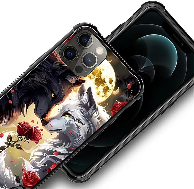 for iPhone 11 Pro Max Case, Black White Wolf Moon Flower Rose Pattern Graphic Design Girl Boy Soft Silicone Hard Acrylic Shock Protection for iPhone 11 Pro Max