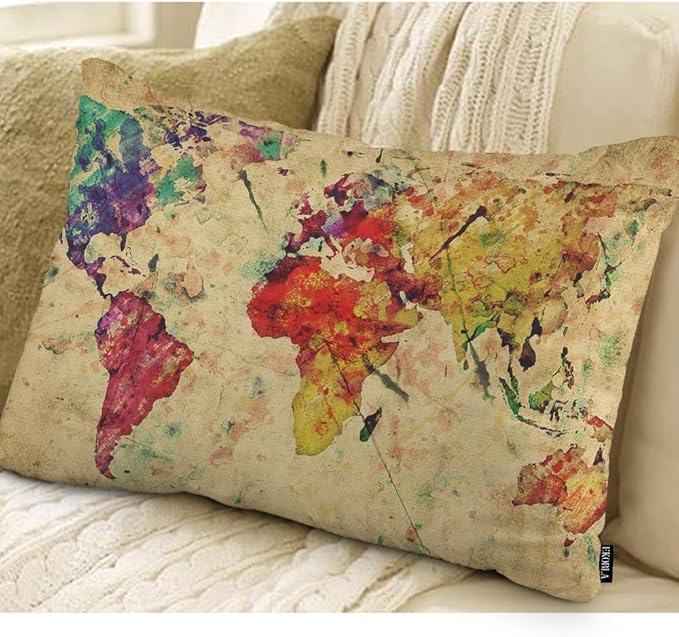EKOBLA Watercolor World Map Lumber Pillow Cases Vintage Global Graphic Home Decorative Waist Lumber Cotton Linen Pillowcases Oblong Rectangle Case
