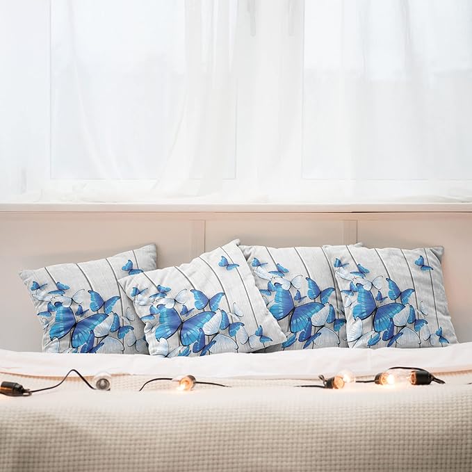 Ambesonne Butterflies Throw Pillow Cushion Case Pack of 4, Blue and White Butterflies on Wooden Background Timber Wall Rustic Life, Modern Accent Double-Sided Digital Printing, 18", Grey White