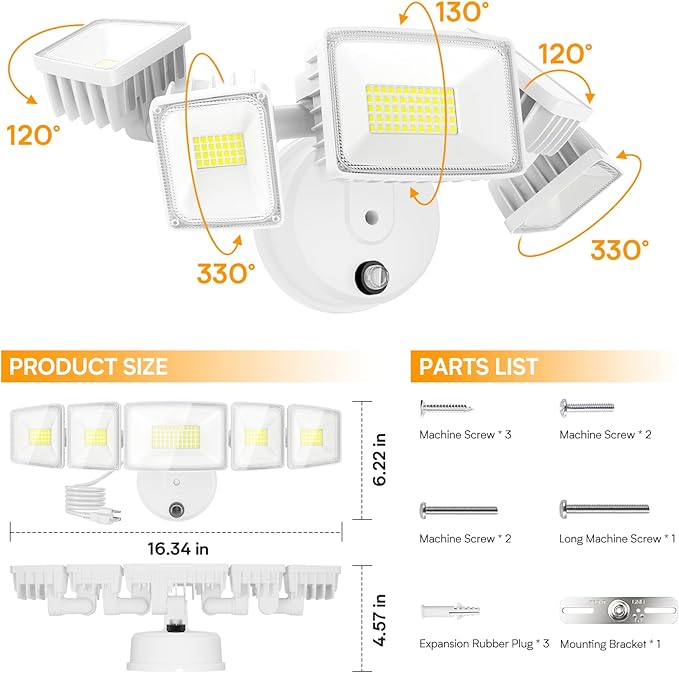 Onforu 150W 15000LM Dusk to Dawn Outdoor Lighting,5 Heads Plug in Flood Lights,6500K Super Bright Automatic White Outdoor Lighting,IP66 Waterproof Hardwired LED Security Lights for Garage,Yard,Outside