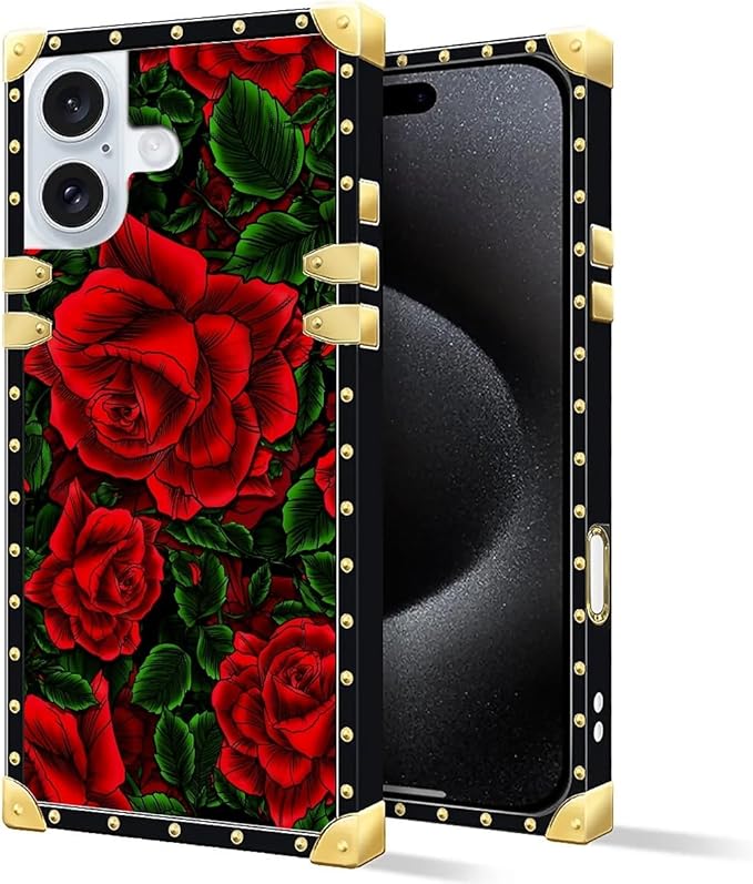Compatible with iPhone 16 Plus Case, Vector Red Rose Green Leaf Luxury Golden Decoration for Girl Women Soft TPU Shockproof Protective Hard PC Back
