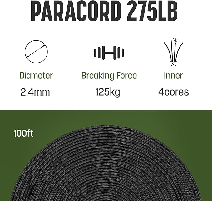 2.4mm Paracord 275LBS 100FT Rope Cord - 4 Strand, Nylon & Polyester, Abrasion Resistance - Black