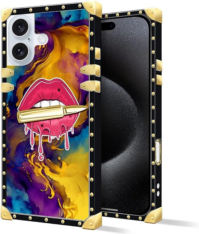 Compatible with iPhone 16 Case, Cool Corlorful Lip Marble Luxury Golden Decoration for Girl Women Soft TPU Shockproof Protective Hard PC Back for iPhone 16