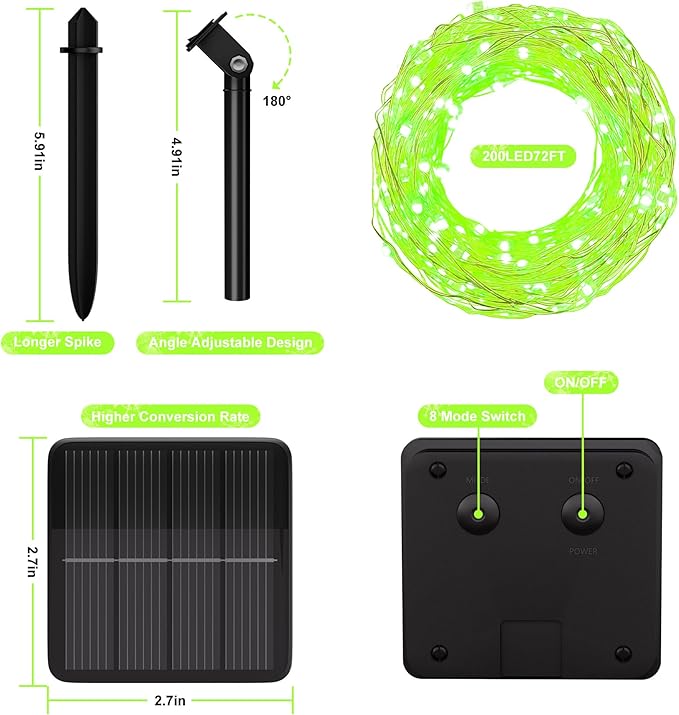 Selarlyt Solar String Lights for Outside, 72Ft 200 LED Solar Fairy Lights with 8 Modes, Solar Powered Fairy Lights Waterproof for Christmas Tree Garden Party Wedding Decor.（Green）