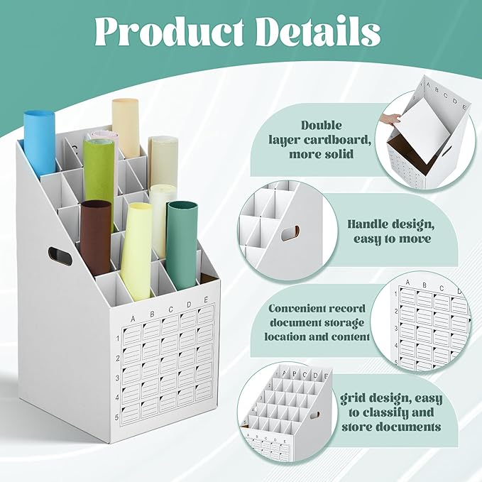 Menkxi 2 Pack 25 Slot Roll File Holder Vertical Blueprint Storage Organizer Corrugated Cardboard Roll File Cabinet Box with Labeling Grid for Office School Poster Map Gift Wrap Architectural Home