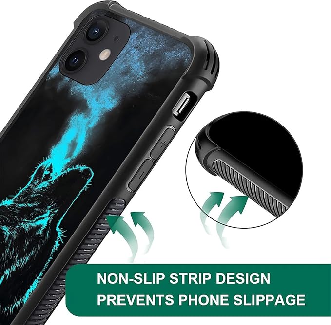 for iPhone 12 Mini Case, Blue Breathing Wolf Pattern Graphic Design Girl Boy Soft Silicone Hard Acrylic Shock Protection for iPhone 12 Mini